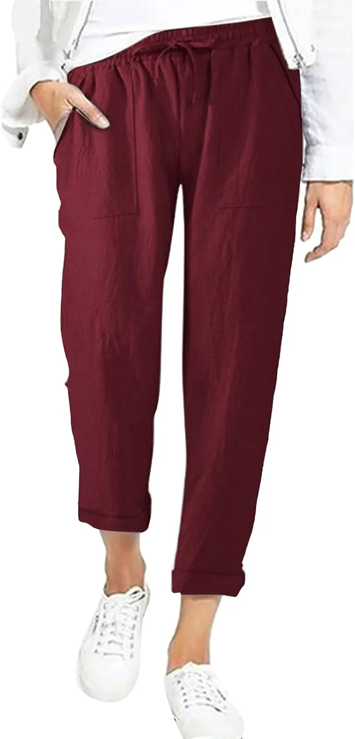 Women's Linen Summer Floral Pant Trousers High Waist Bootcut Loose Fit Palazzo Pants Office