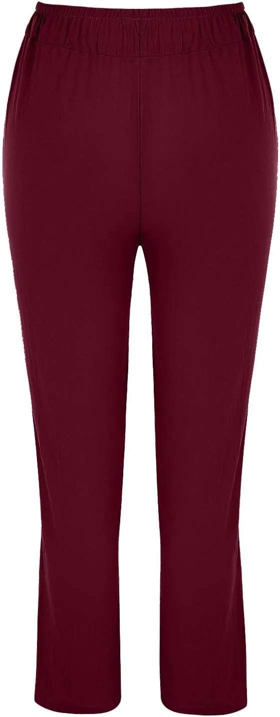 Women's Linen Summer Floral Pant Trousers High Waist Bootcut Loose Fit Palazzo Pants Office