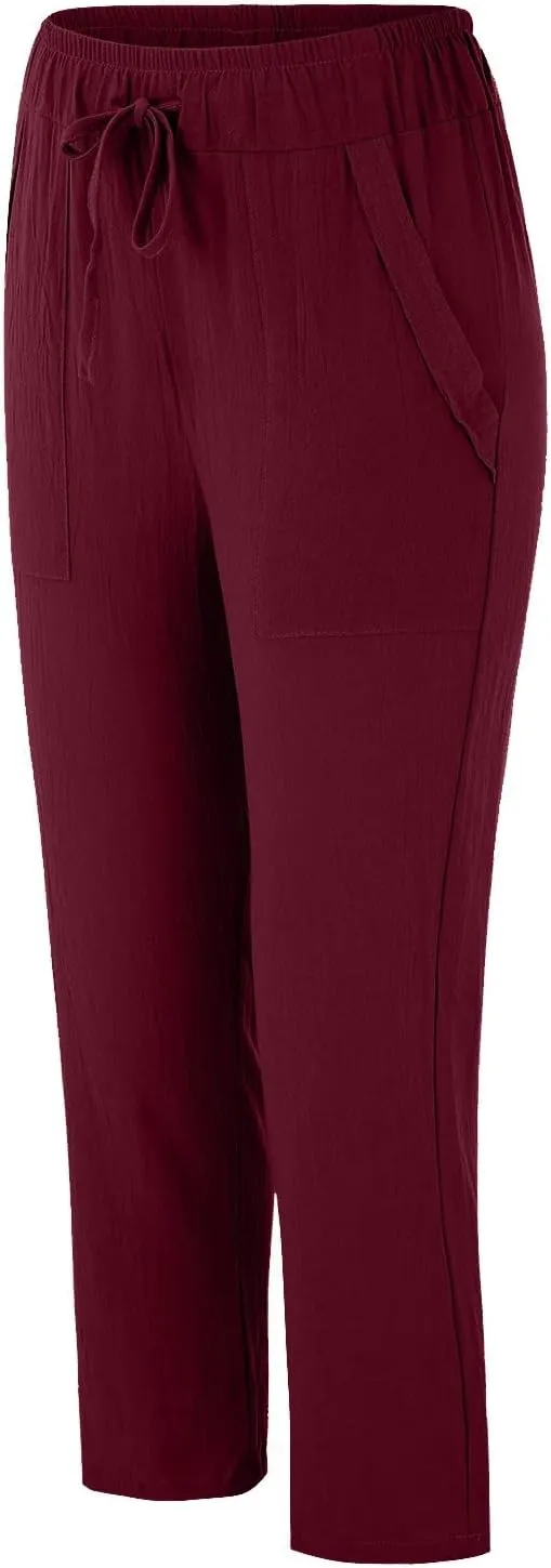 Women's Linen Summer Floral Pant Trousers High Waist Bootcut Loose Fit Palazzo Pants Office