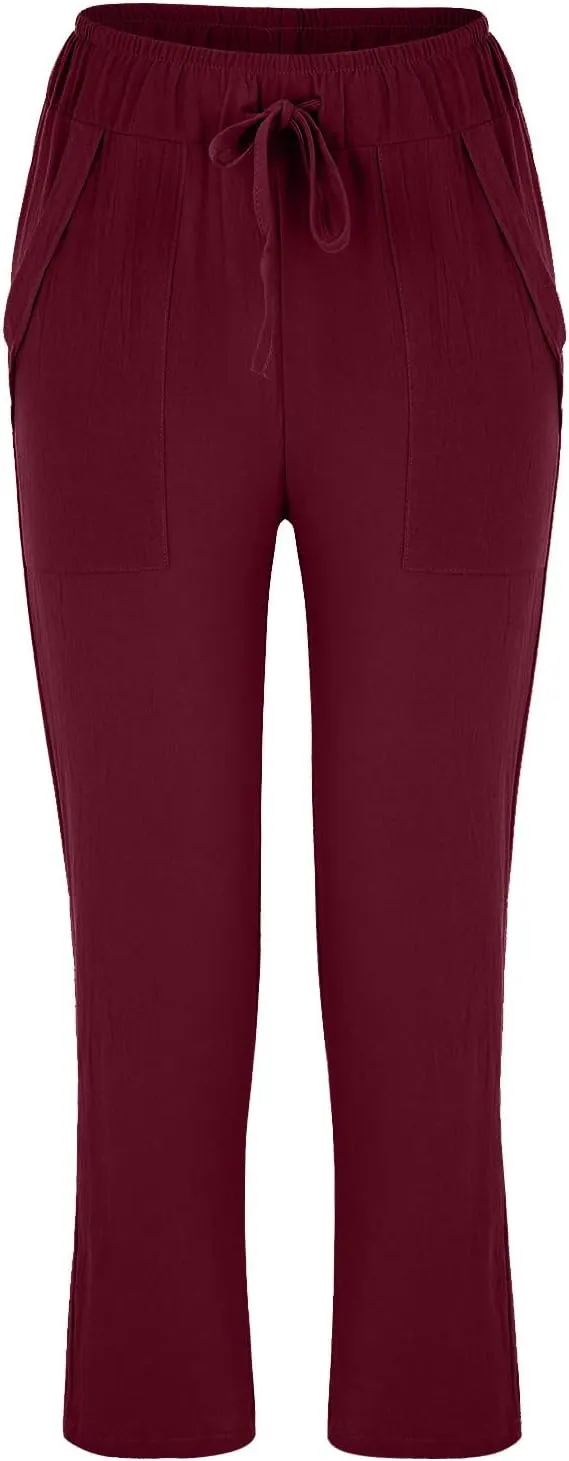 Women's Linen Summer Floral Pant Trousers High Waist Bootcut Loose Fit Palazzo Pants Office