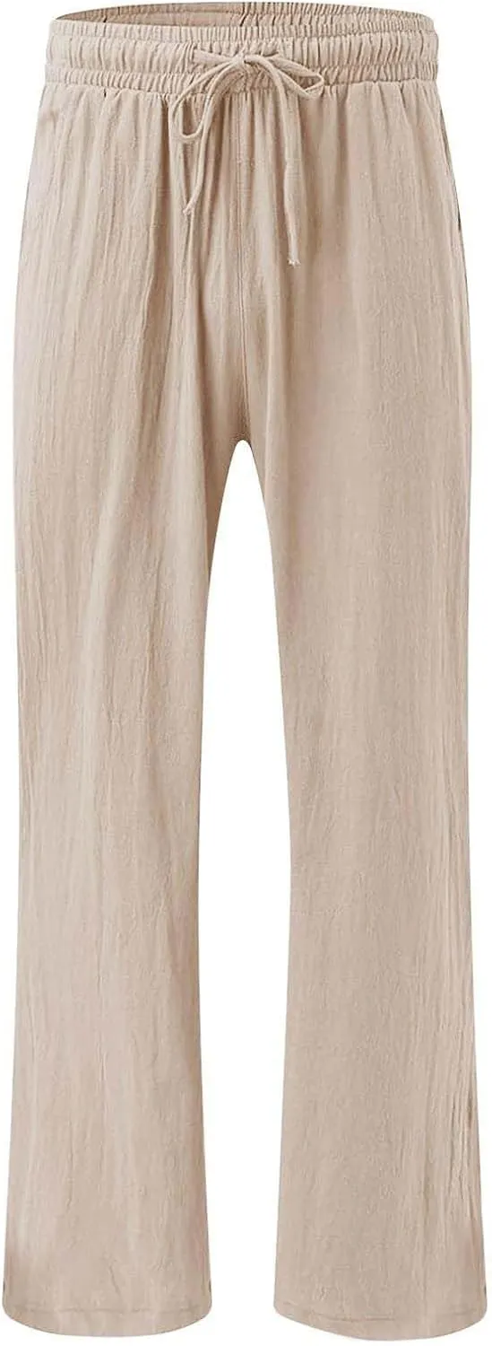 Women's Linen Summer Palazzo Pants Flowy Drawstring Waist Wide Leg Palazzo Beach Pants Loose Fit Beach Vacation Clothes