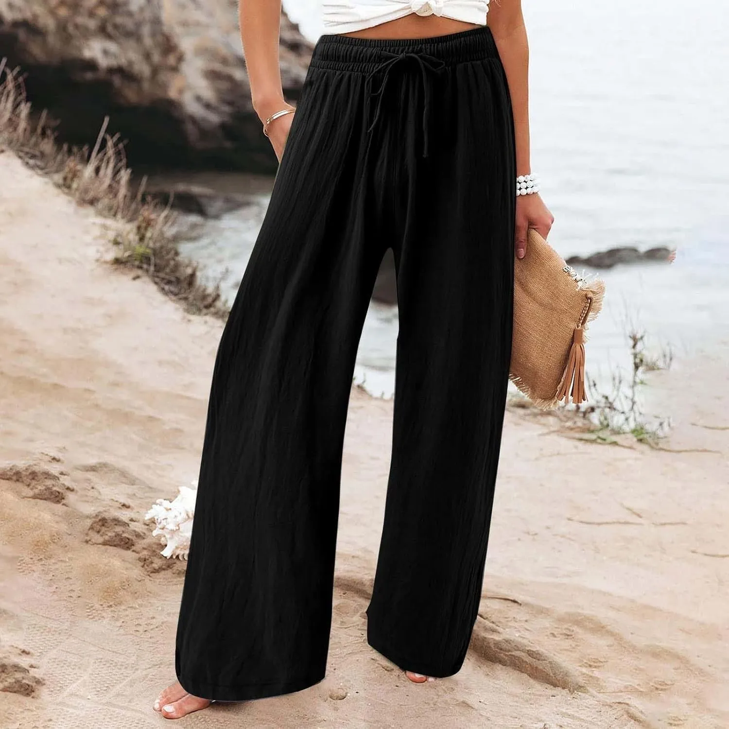 Women's Linen Summer Palazzo Pants Flowy Drawstring Waist Wide Leg Palazzo Beach Pants Loose Fit Beach Vacation Clothes