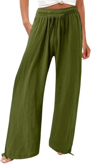 Women's Linen Summer Palazzo Pants Flowy Drawstring Waist Wide Leg Palazzo Beach Pants Loose Fit Beach Vacation Clothes
