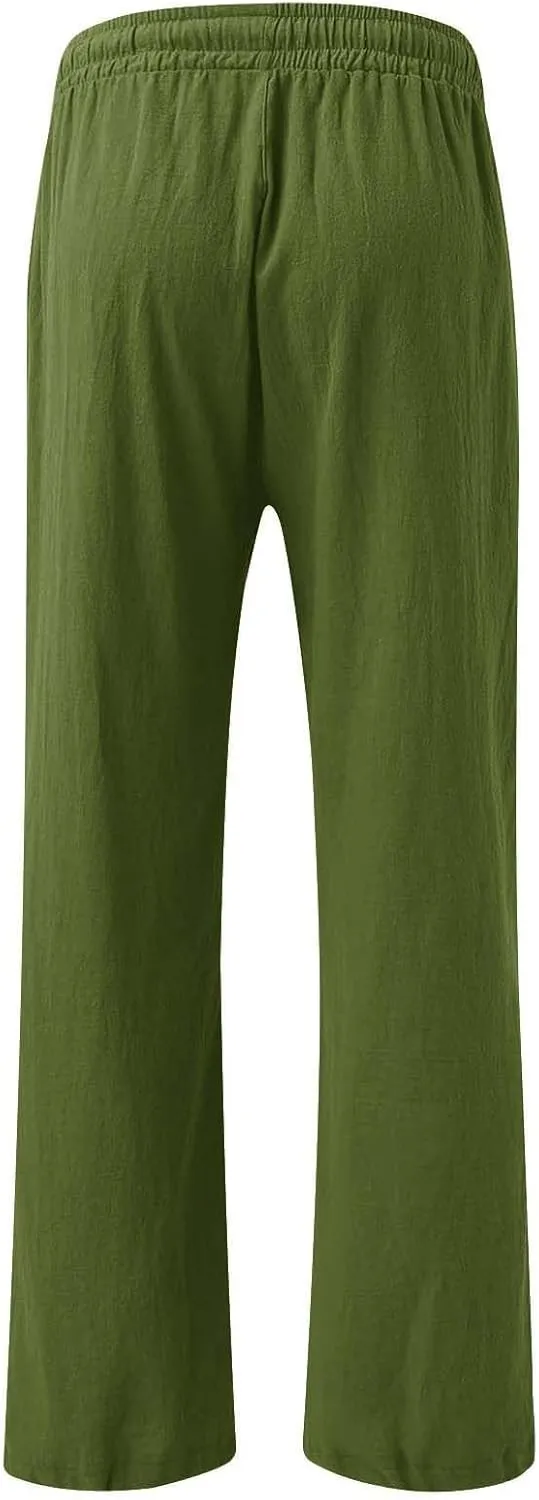 Women's Linen Summer Palazzo Pants Flowy Drawstring Waist Wide Leg Palazzo Beach Pants Loose Fit Beach Vacation Clothes