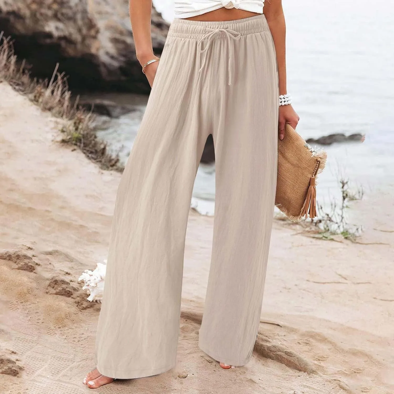 Women's Linen Summer Palazzo Pants Flowy Drawstring Waist Wide Leg Palazzo Beach Pants Loose Fit Beach Vacation Clothes
