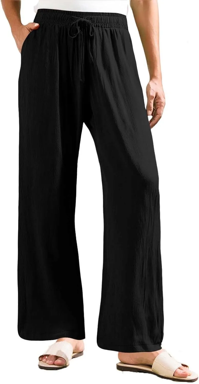 Women's Linen Summer Palazzo Pants Flowy Drawstring Waist Wide Leg Palazzo Beach Pants Loose Fit Beach Vacation Clothes
