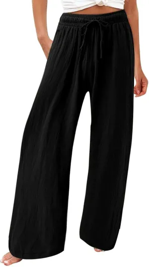 Women's Linen Summer Palazzo Pants Flowy Drawstring Waist Wide Leg Palazzo Beach Pants Loose Fit Beach Vacation Clothes