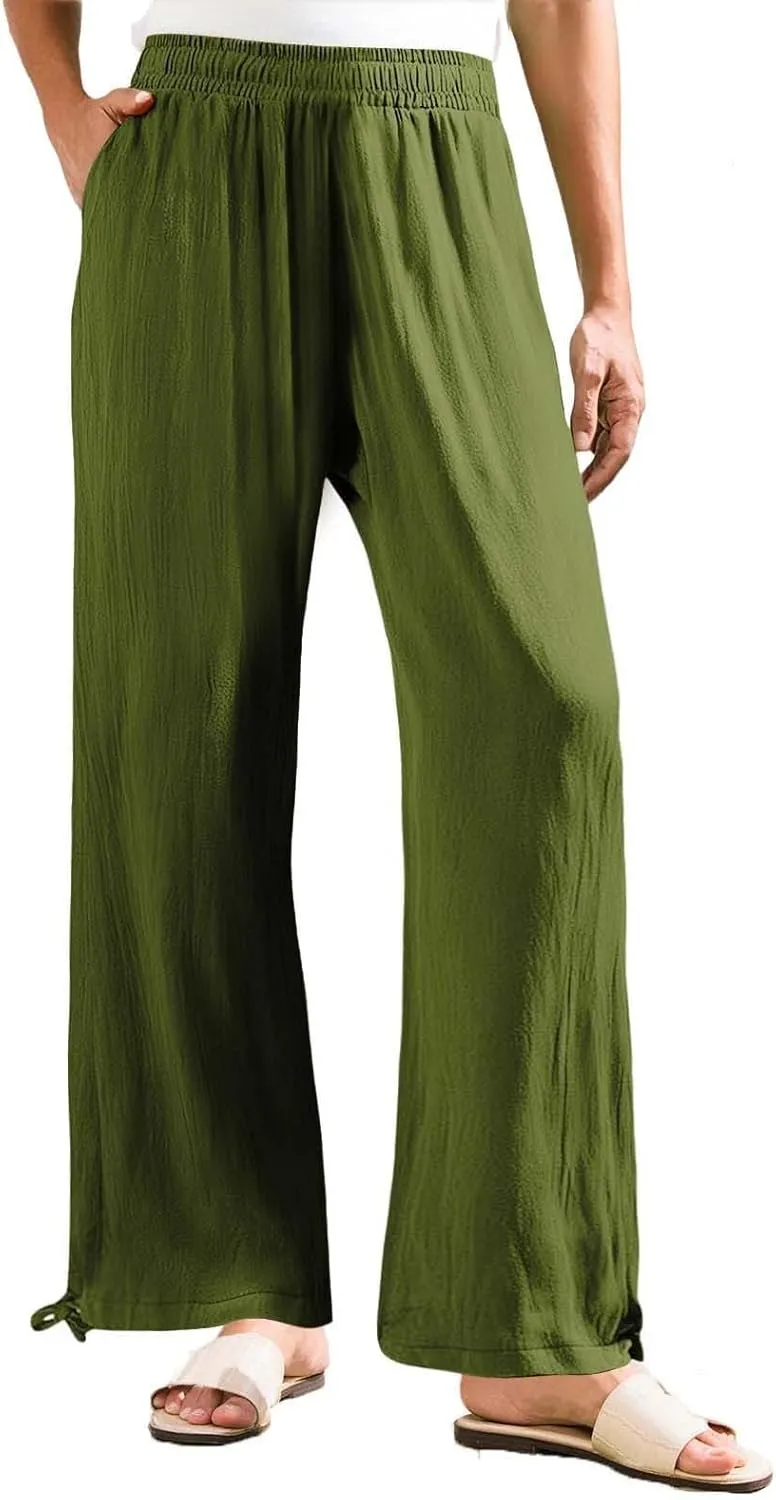 Women's Linen Summer Palazzo Pants Flowy Drawstring Waist Wide Leg Palazzo Beach Pants Loose Fit Beach Vacation Clothes
