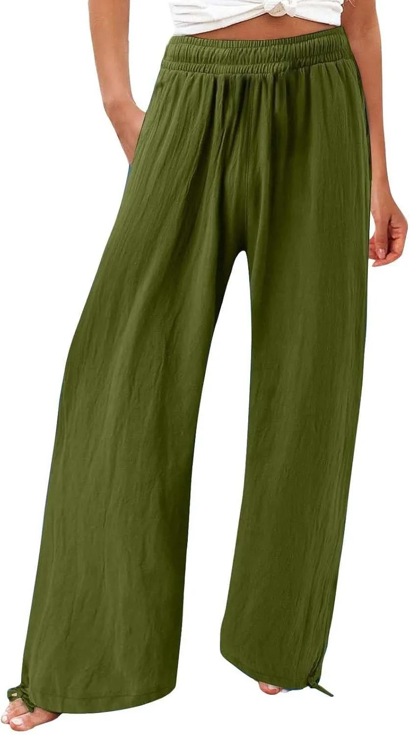 Women's Linen Summer Palazzo Pants Flowy Drawstring Waist Wide Leg Palazzo Beach Pants Loose Fit Beach Vacation Clothes