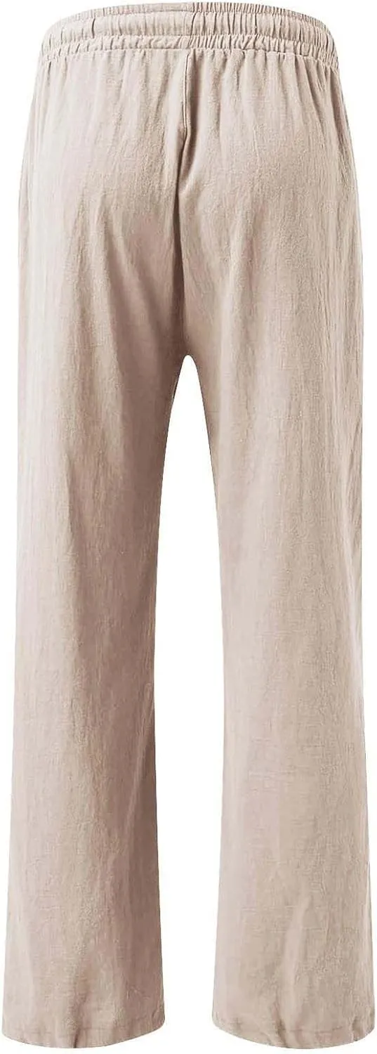 Women's Linen Summer Palazzo Pants Flowy Drawstring Waist Wide Leg Palazzo Beach Pants Loose Fit Beach Vacation Clothes