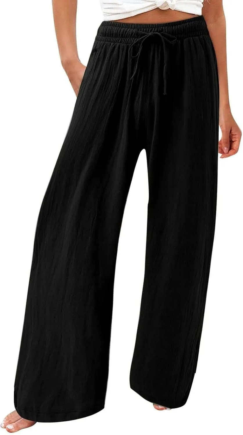 Women's Linen Summer Palazzo Pants Flowy Drawstring Waist Wide Leg Palazzo Beach Pants Loose Fit Beach Vacation Clothes