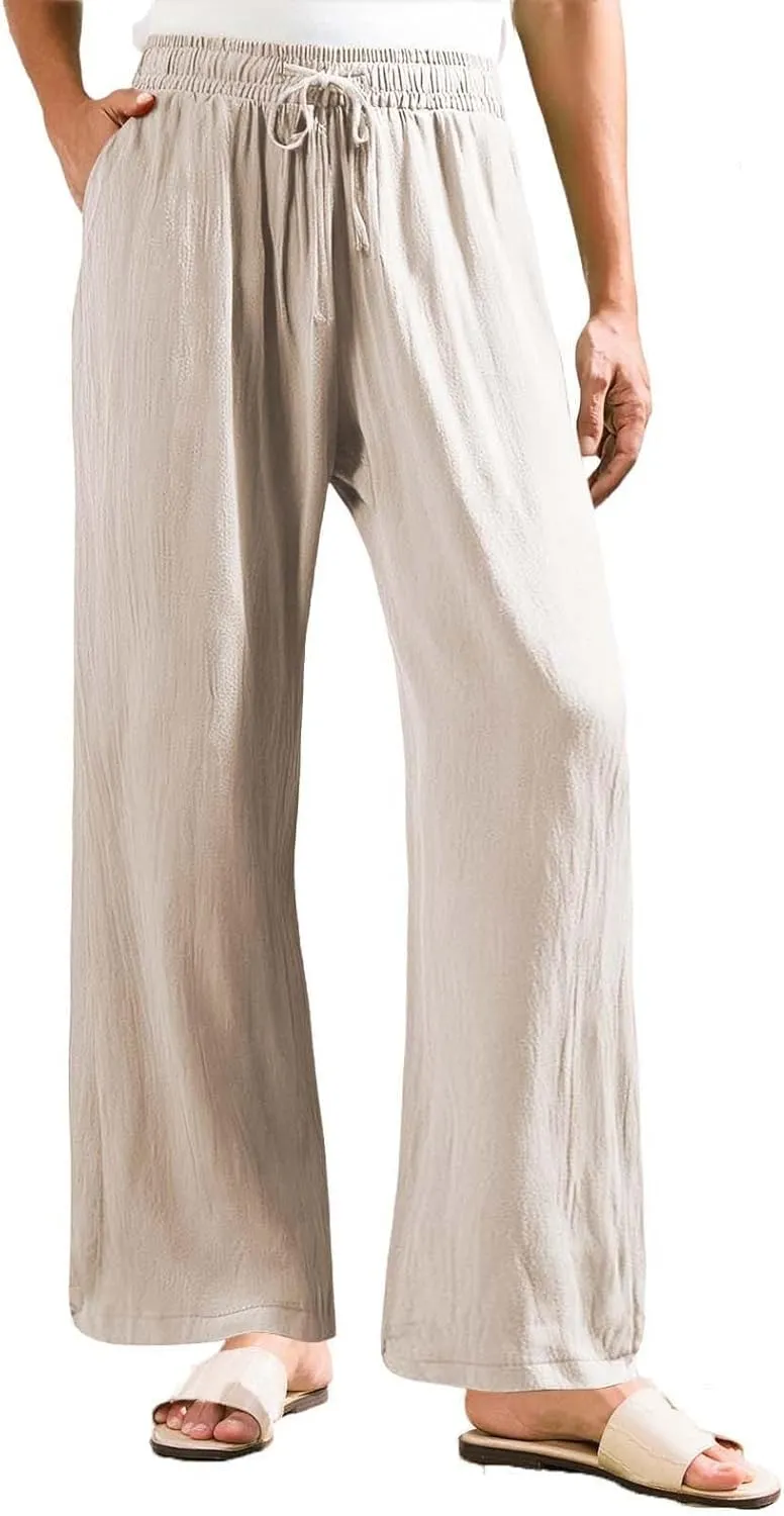 Women's Linen Summer Palazzo Pants Flowy Drawstring Waist Wide Leg Palazzo Beach Pants Loose Fit Beach Vacation Clothes