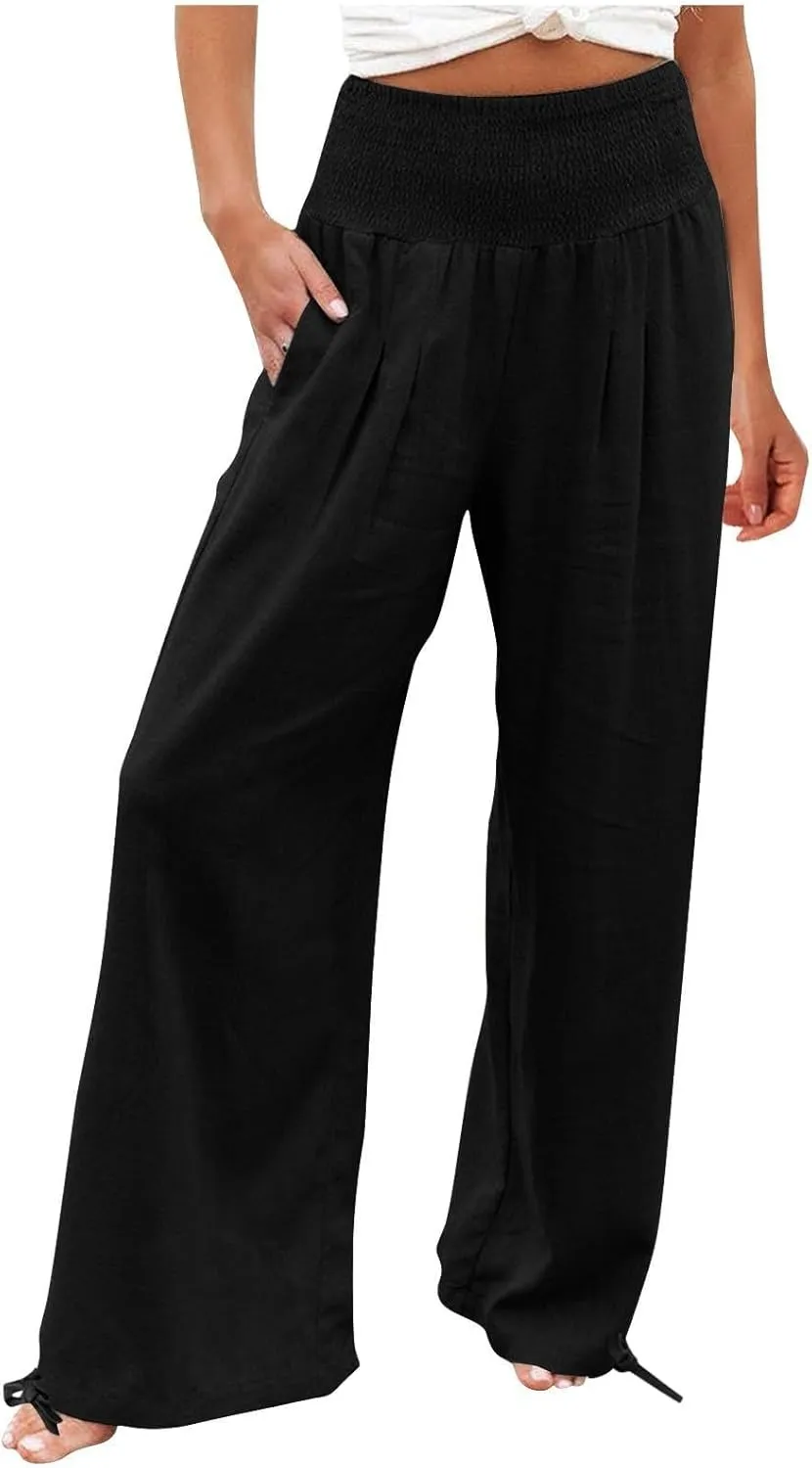 Women's Linen Summer Palazzo Pants Flowy Wide Leg Beach Pants with Pockets Casual Elastic High Waist Long Trousers