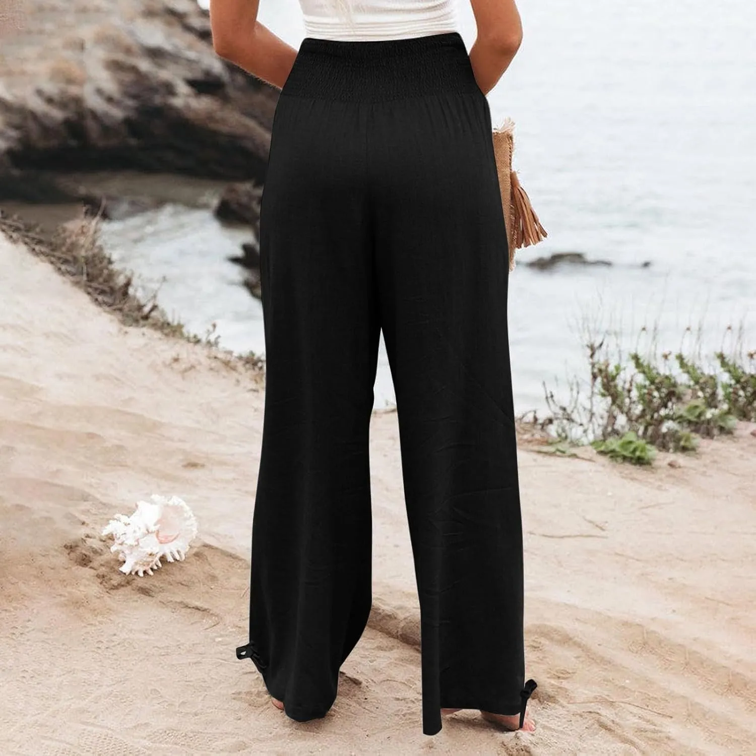 Women's Linen Summer Palazzo Pants Flowy Wide Leg Beach Pants with Pockets Casual Elastic High Waist Long Trousers