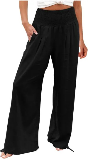 Women's Linen Summer Palazzo Pants Flowy Wide Leg Beach Pants with Pockets Casual Elastic High Waist Long Trousers
