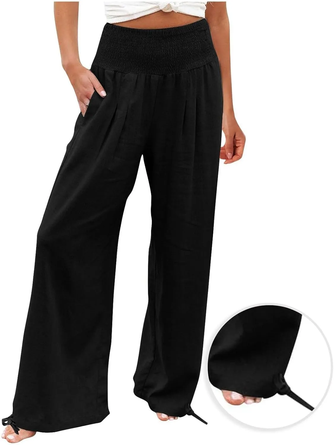 Women's Linen Summer Palazzo Pants Flowy Wide Leg Beach Pants with Pockets Casual Elastic High Waist Long Trousers
