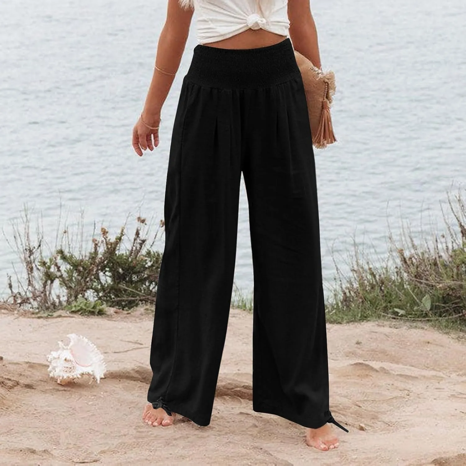 Women's Linen Summer Palazzo Pants Flowy Wide Leg Beach Pants with Pockets Casual Elastic High Waist Long Trousers