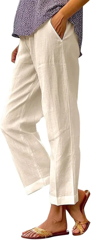 Women's Linen Summer Palazzo Pants Pants Long Drawstring Linen Women Waist Cotton Casual Pants Casual Wide Leg