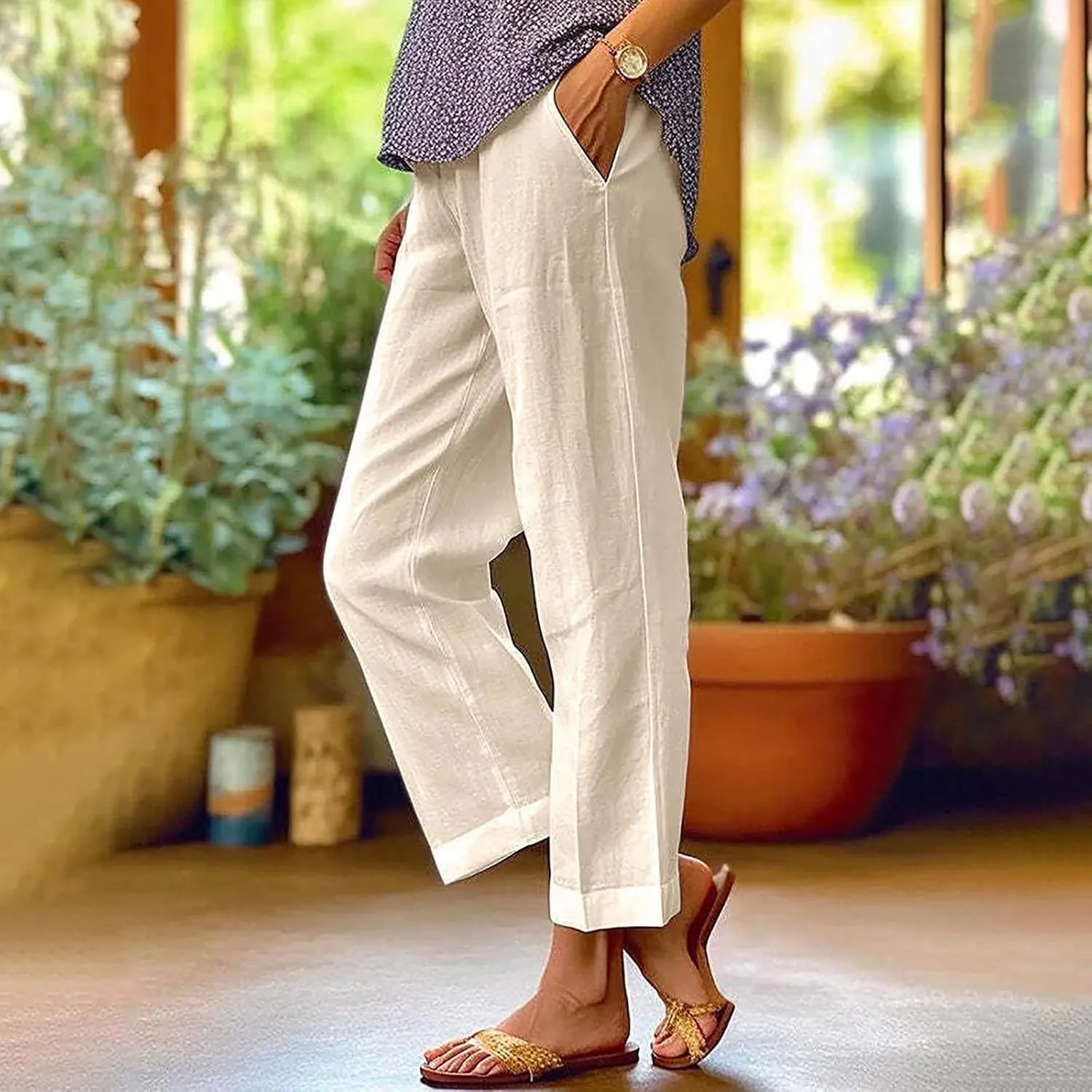 Women's Linen Summer Palazzo Pants Pants Long Drawstring Linen Women Waist Cotton Casual Pants Casual Wide Leg