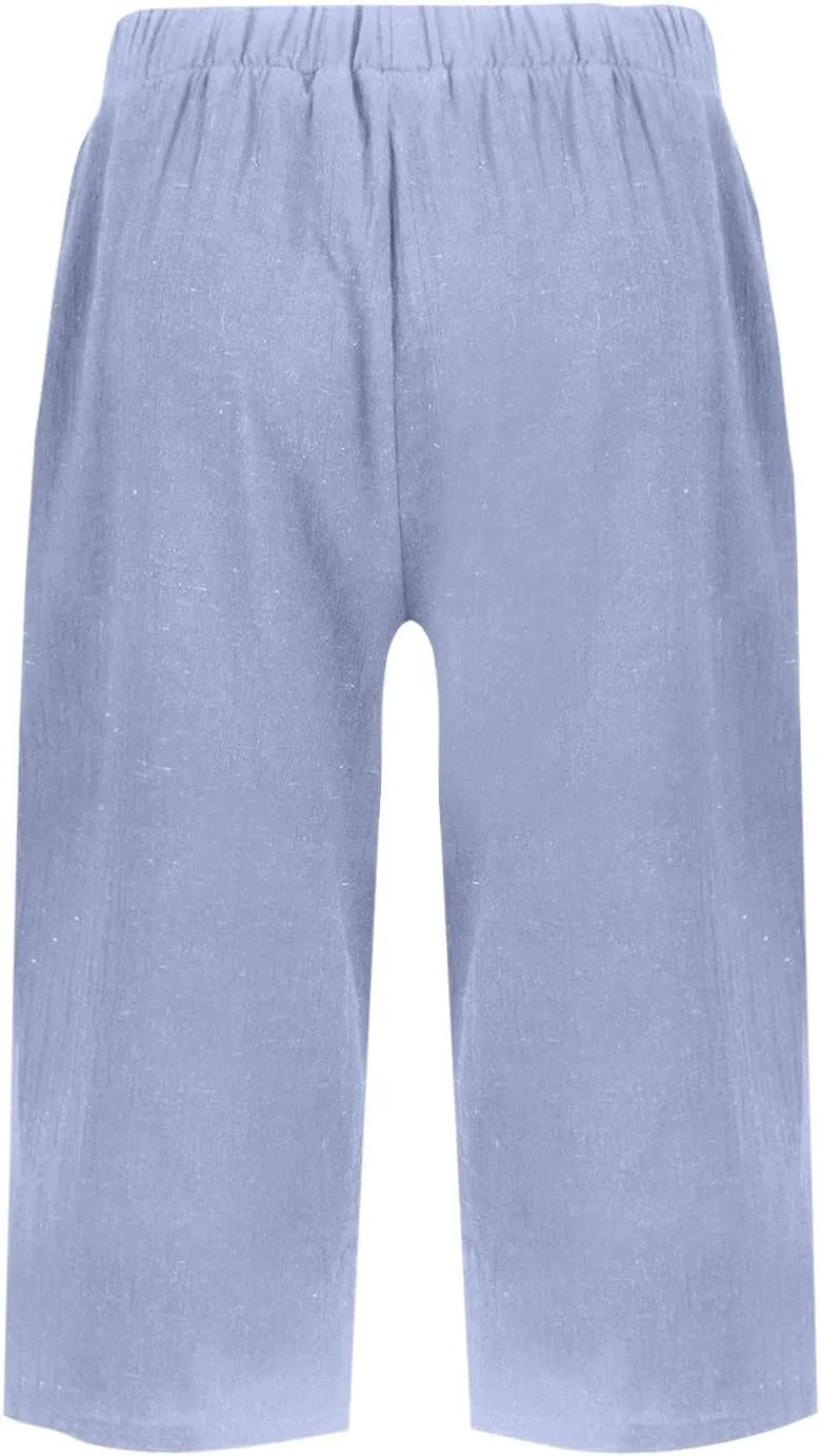 Womens Linen Tapered Capri Pants Plus Size Solid Color Cotton Linen Casual Summer 2025 Straight Leg Cropped Trouser