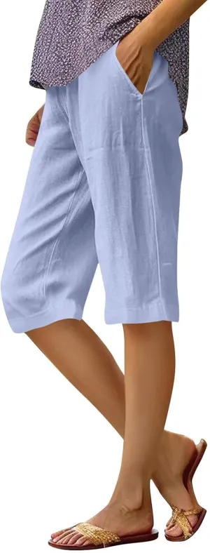 Womens Linen Tapered Capri Pants Plus Size Solid Color Cotton Linen Casual Summer 2025 Straight Leg Cropped Trouser