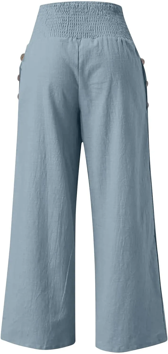 Womens Linen Wide Leg Palazzo Pants High Waisted Smocked Lounge Trousers with Pockets High Waist Linen Trousers Pant
