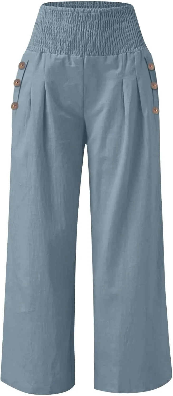 Womens Linen Wide Leg Palazzo Pants High Waisted Smocked Lounge Trousers with Pockets High Waist Linen Trousers Pant
