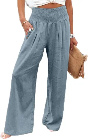 Womens Linen Wide Leg Palazzo Pants High Waisted Smocked Lounge Trousers with Pockets High Waist Linen Trousers Pant