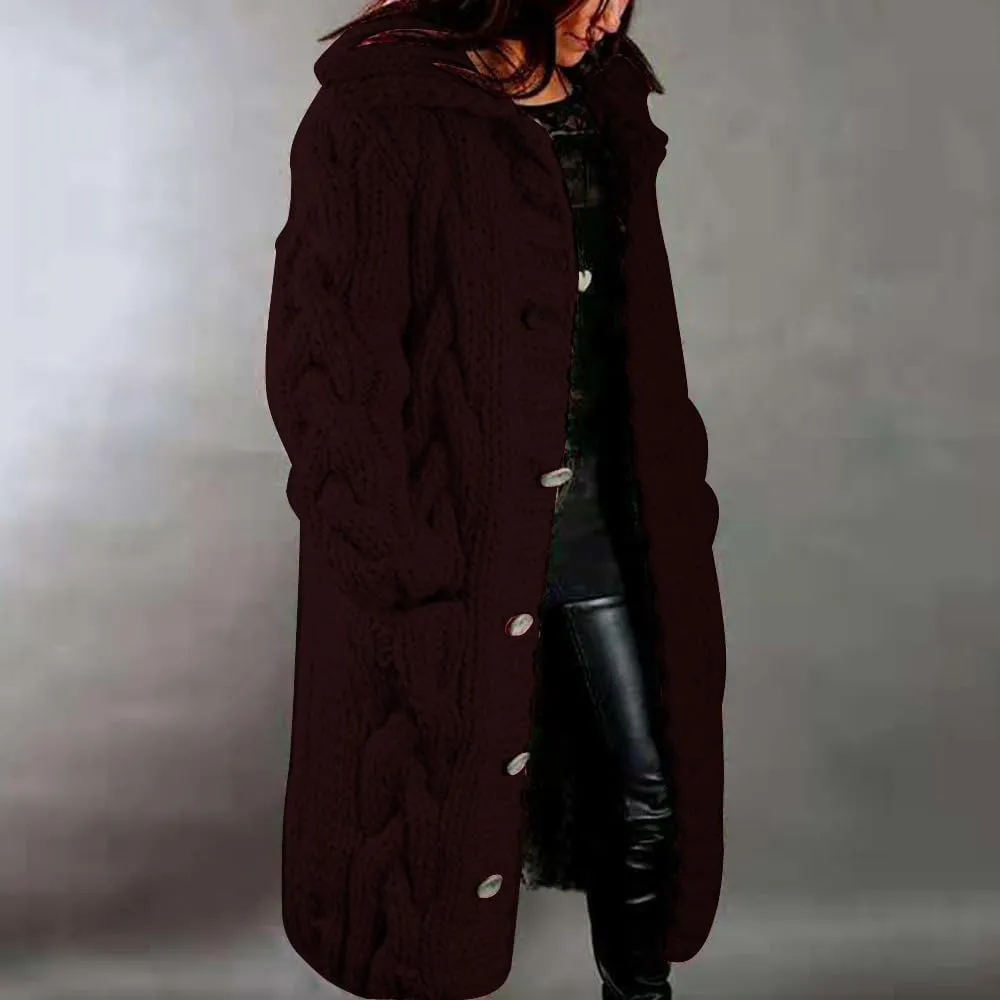 Women's Long Cardigan with Hood Chunky Cable Knit Overcoat Open Front Sweater Cardigan Outerwear with Pockets