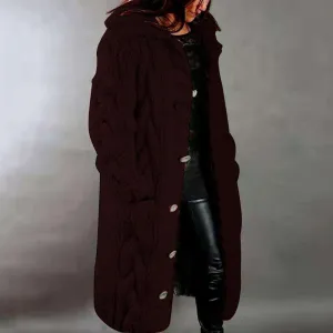 Women's Long Cardigan with Hood Chunky Cable Knit Overcoat Open Front Sweater Cardigan Outerwear with Pockets