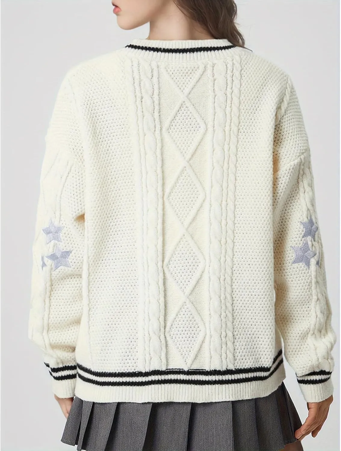 Women's Long Sleeve Cardigan V Neck Stars Button Down Oversized Open Front Sweaters Casual Cable Batwing Knitted Coat