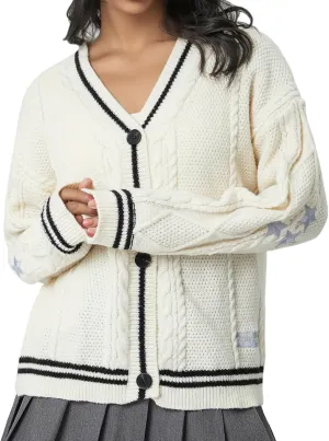 Women's Long Sleeve Cardigan V Neck Stars Button Down Oversized Open Front Sweaters Casual Cable Batwing Knitted Coat