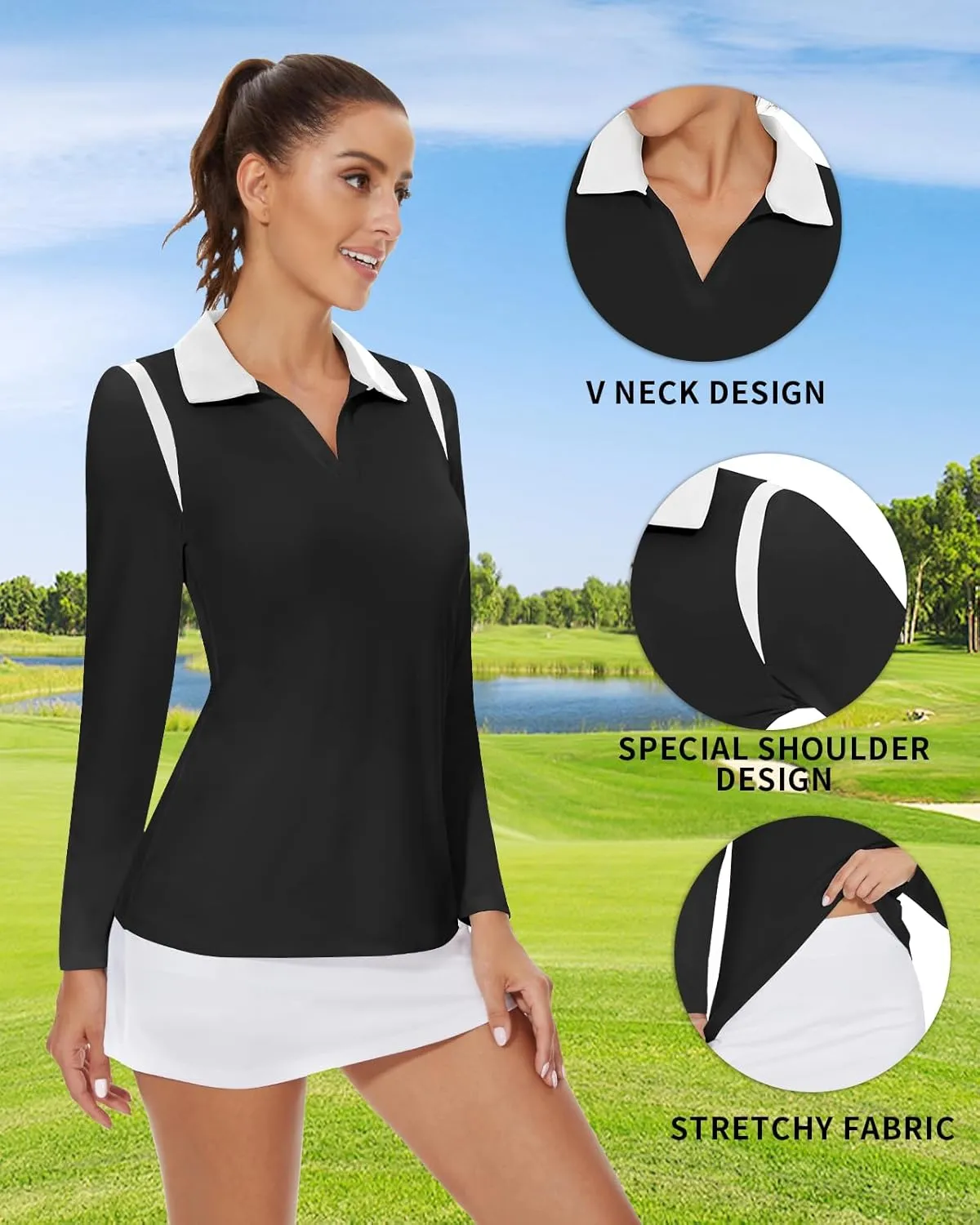 Womens Long Sleeve Golf Polo Shirts for Women V Neck Tennis Athletic Shirt UPF50  Quick Dry Moisture Wicking