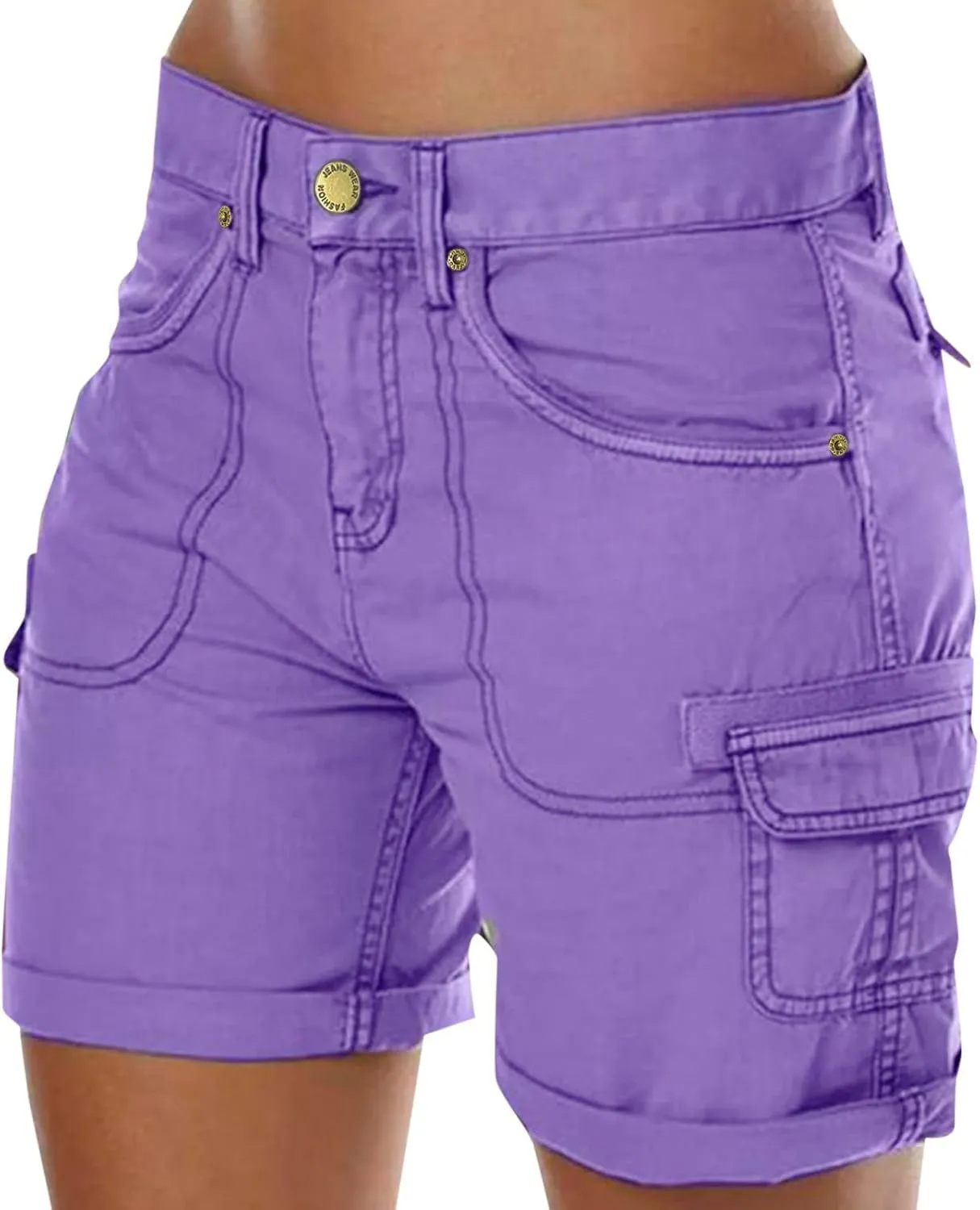Women's Loose Solid Color Mini Pant,Summer Beach Shorts with Buttons,Cargo Hot Pants for Casual Wear