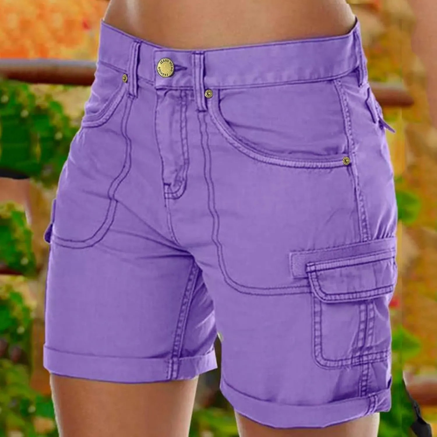 Women's Loose Solid Color Mini Pant,Summer Beach Shorts with Buttons,Cargo Hot Pants for Casual Wear