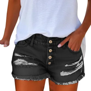 Womens Mid-High Waisted 2025 Summer Ripped Denim Jean Shorts Cutoff Stretchy Hot Short Pants