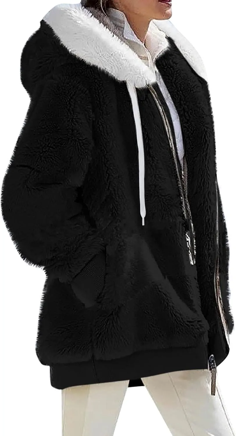 Womens Oversized Fleece Hoodie Sherpa Jacket Full Zip Up Fuzzy Hooded Coats Shaggy Warm Winter Outerwear with Pockets