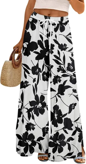 Womens Pants Casual Trendy Wide Leg High Waisted Linen Pants Drawstring Palazzo Lounge Pant Summer Beach Trousers