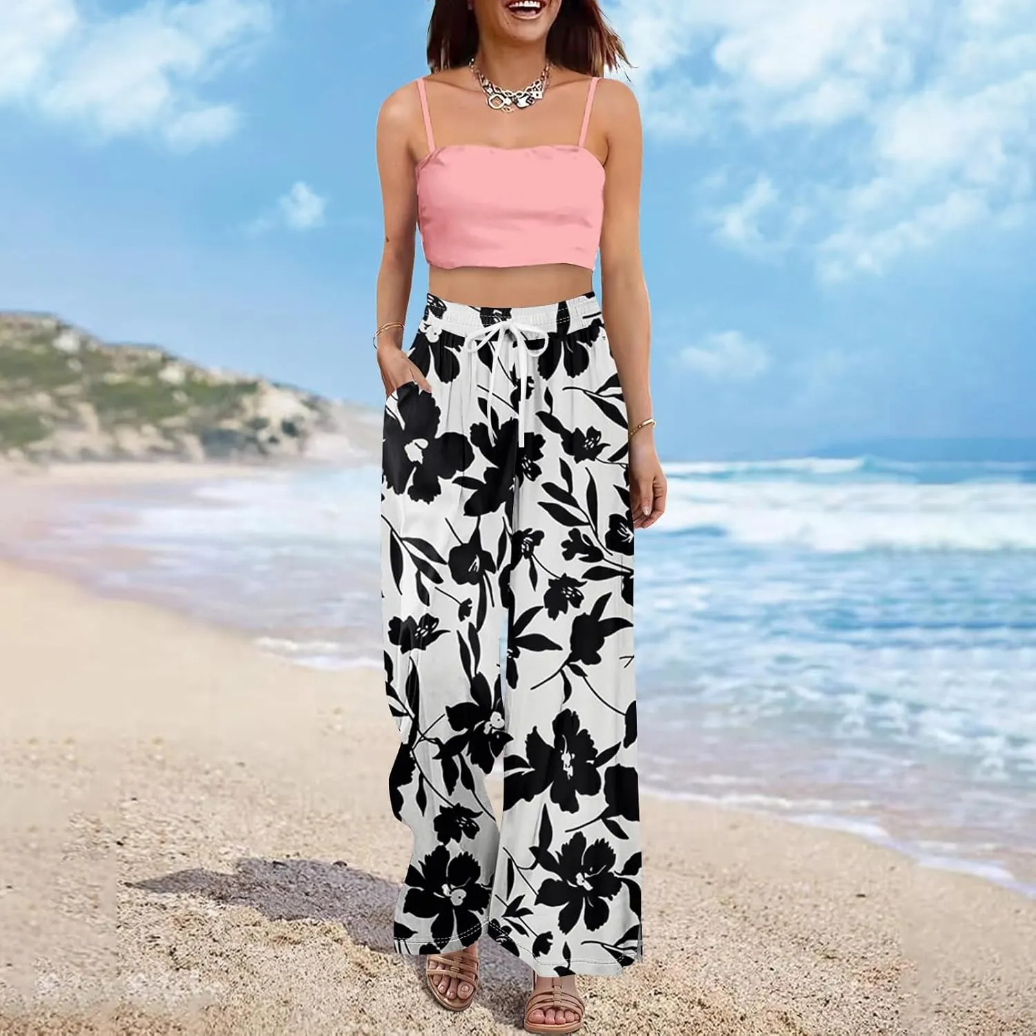 Womens Pants Casual Trendy Wide Leg High Waisted Linen Pants Drawstring Palazzo Lounge Pant Summer Beach Trousers