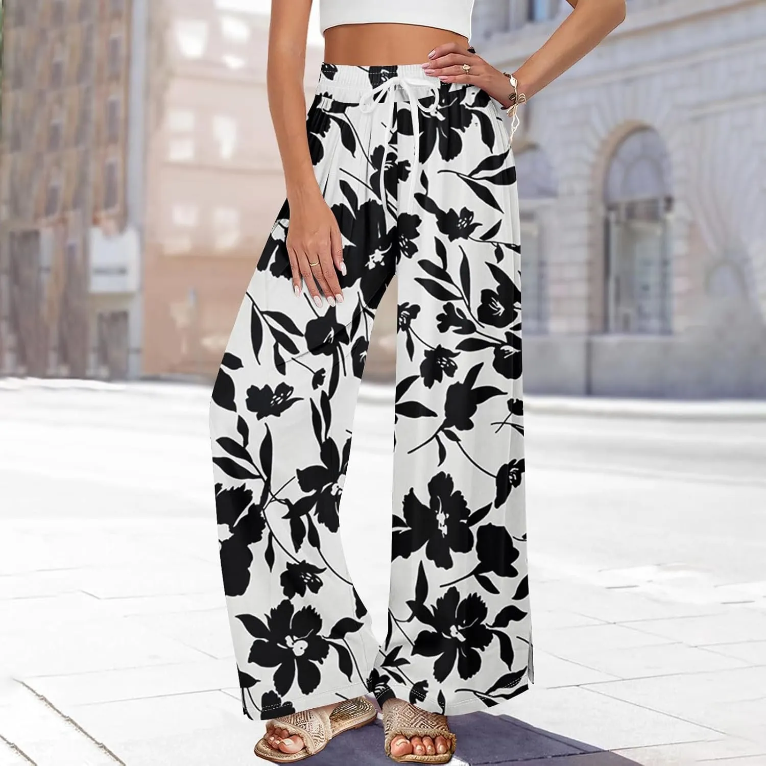 Womens Pants Casual Trendy Wide Leg High Waisted Linen Pants Drawstring Palazzo Lounge Pant Summer Beach Trousers