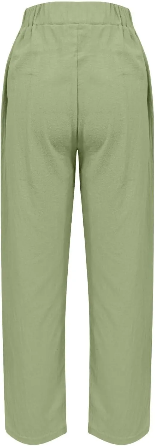 Womens Pants High Waist Casual Linen Pant Drawstring Straight Leg Lounge Trouser with Pockets Slacks Vacation Outfits