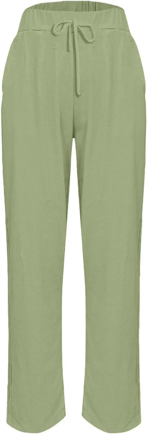 Womens Pants High Waist Casual Linen Pant Drawstring Straight Leg Lounge Trouser with Pockets Slacks Vacation Outfits
