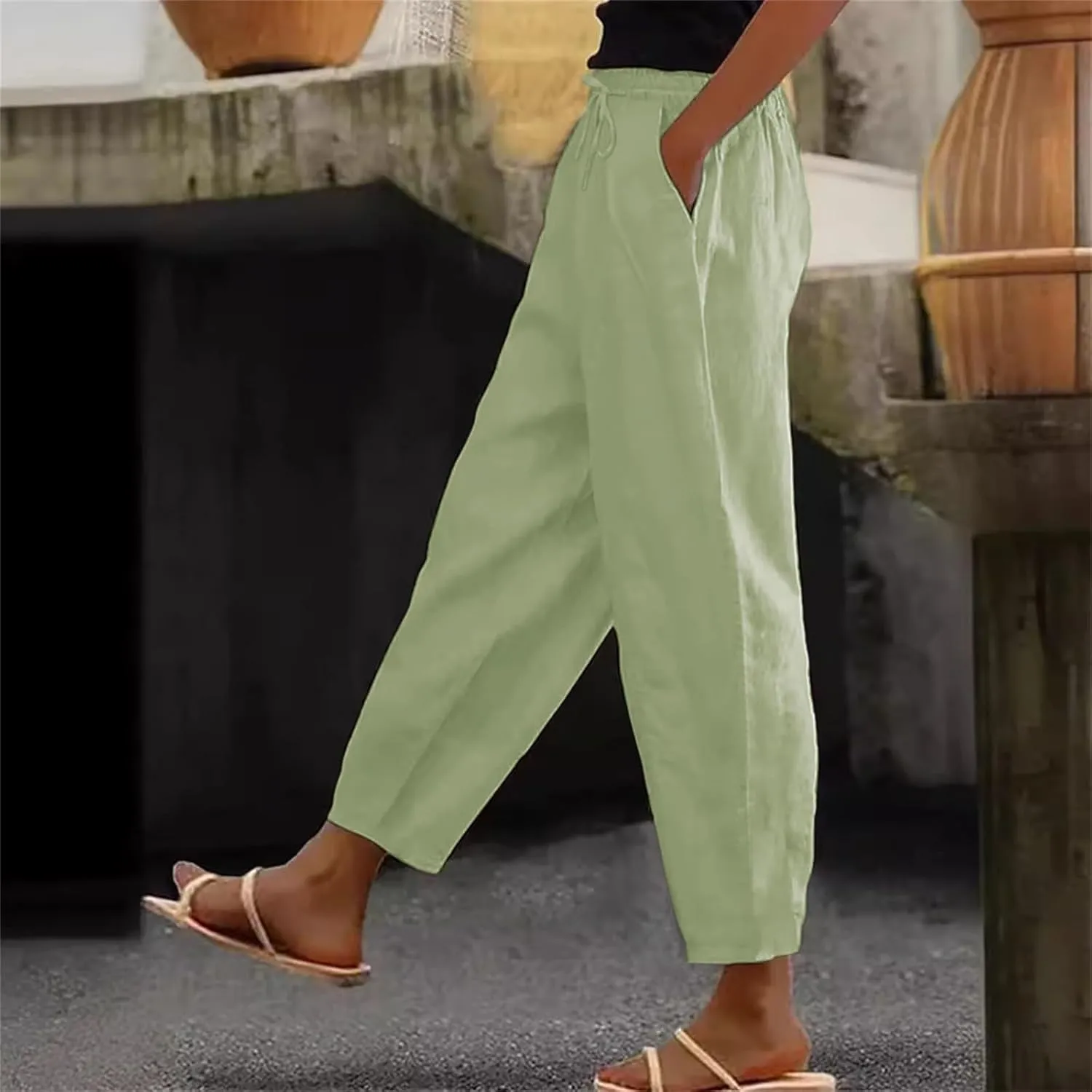 Womens Pants High Waist Casual Linen Pant Drawstring Straight Leg Lounge Trouser with Pockets Slacks Vacation Outfits