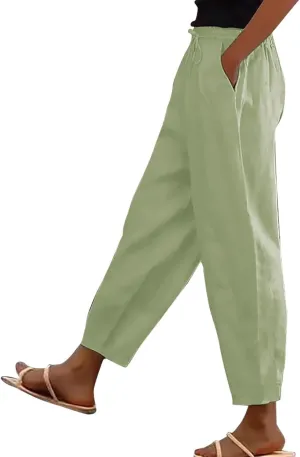 Womens Pants High Waist Casual Linen Pant Drawstring Straight Leg Lounge Trouser with Pockets Slacks Vacation Outfits