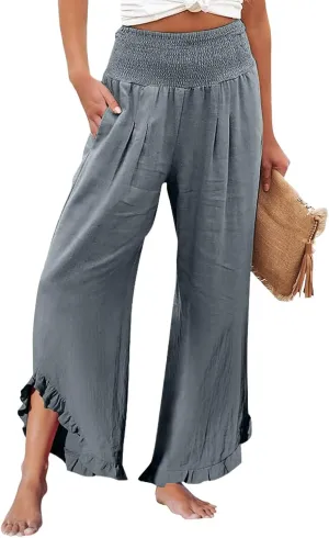 Women's Pants High Waisted Straight Leg Work,Womens Dress Sweatpants Petite, Linen Cotton Slit Baggy Waist