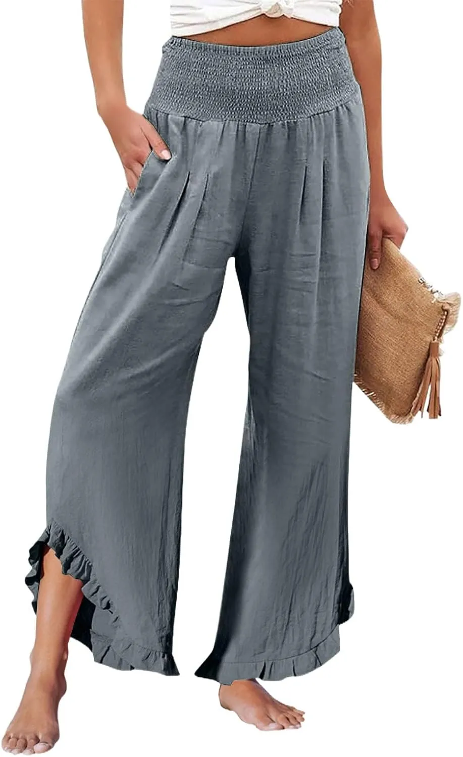Women's Pants High Waisted Straight Leg Work,Womens Dress Sweatpants Petite, Linen Cotton Slit Baggy Waist