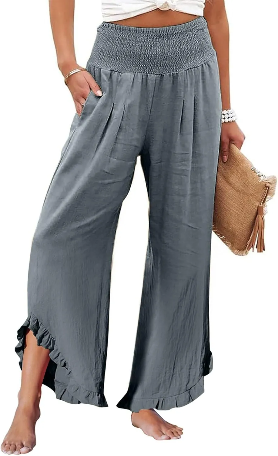 Women's Pants High Waisted Straight Leg Work,Womens Dress Sweatpants Petite, Linen Cotton Slit Baggy Waist