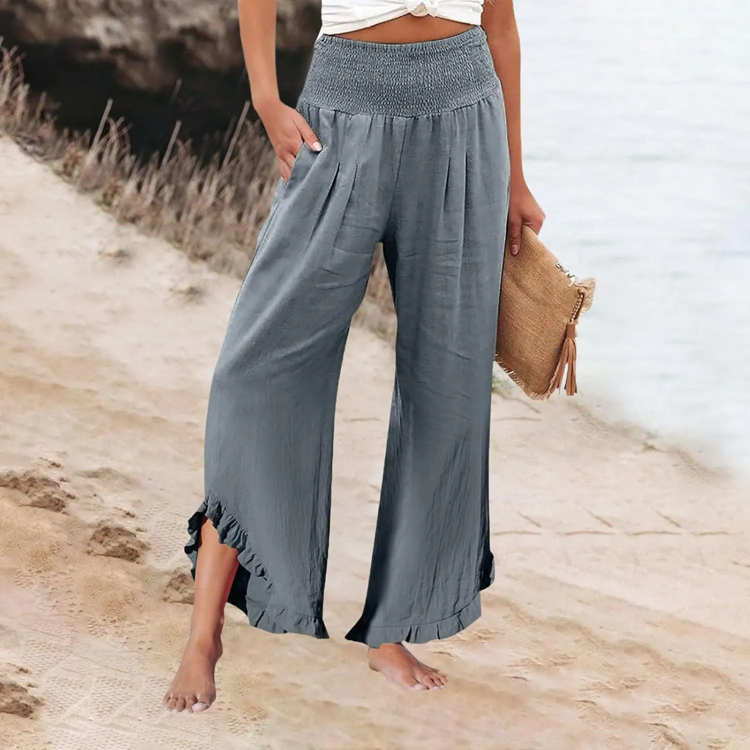 Women's Pants High Waisted Straight Leg Work,Womens Dress Sweatpants Petite, Linen Cotton Slit Baggy Waist