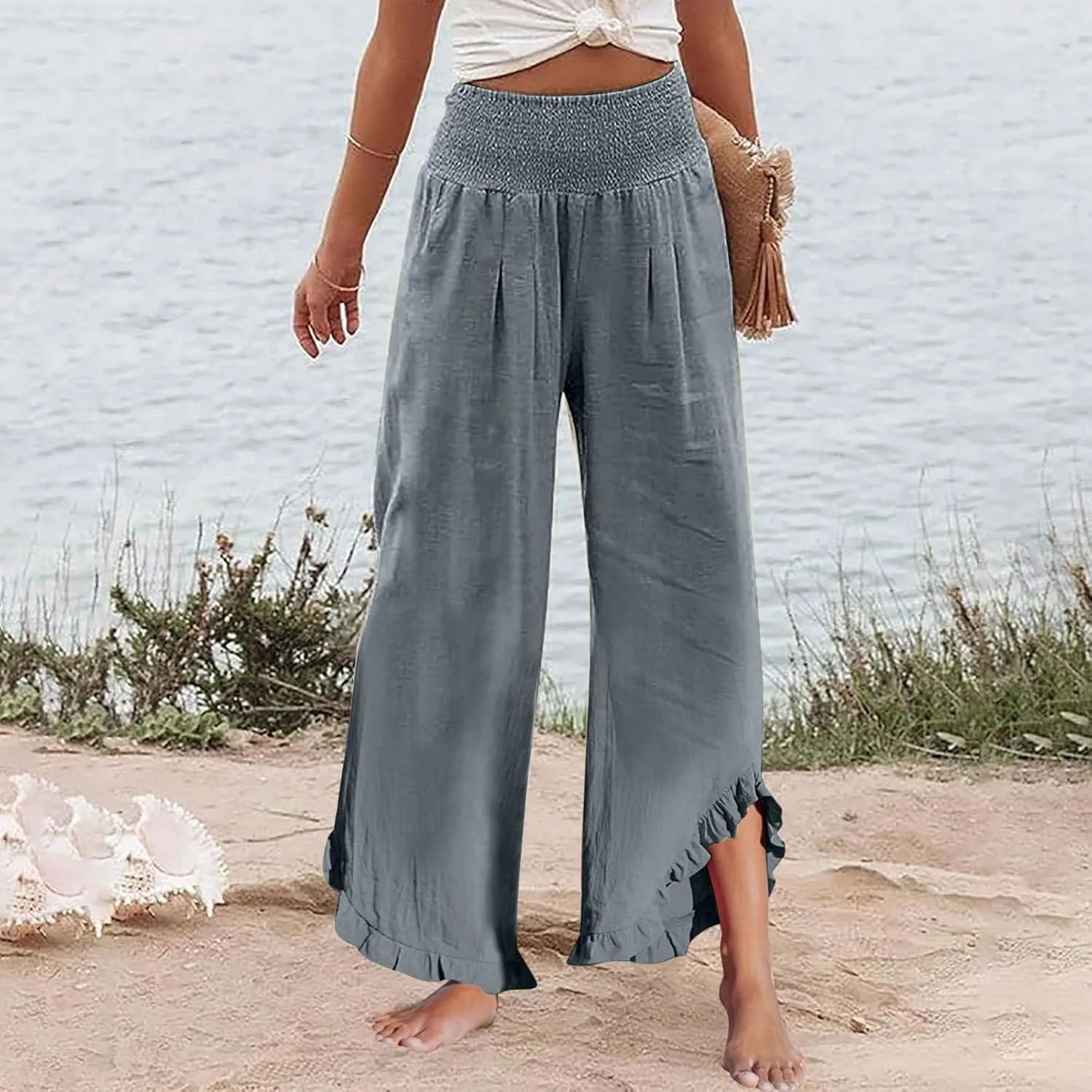 Women's Pants High Waisted Straight Leg Work,Womens Dress Sweatpants Petite, Linen Cotton Slit Baggy Waist