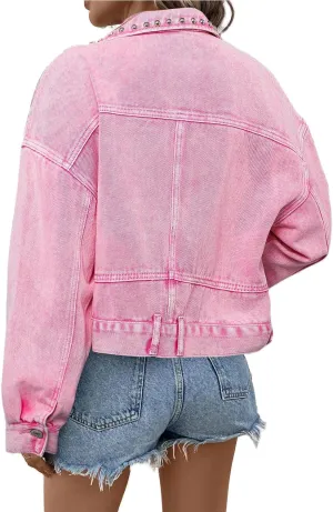 Women's Retro Acid Wash Denim Jacket with Rivet Studs